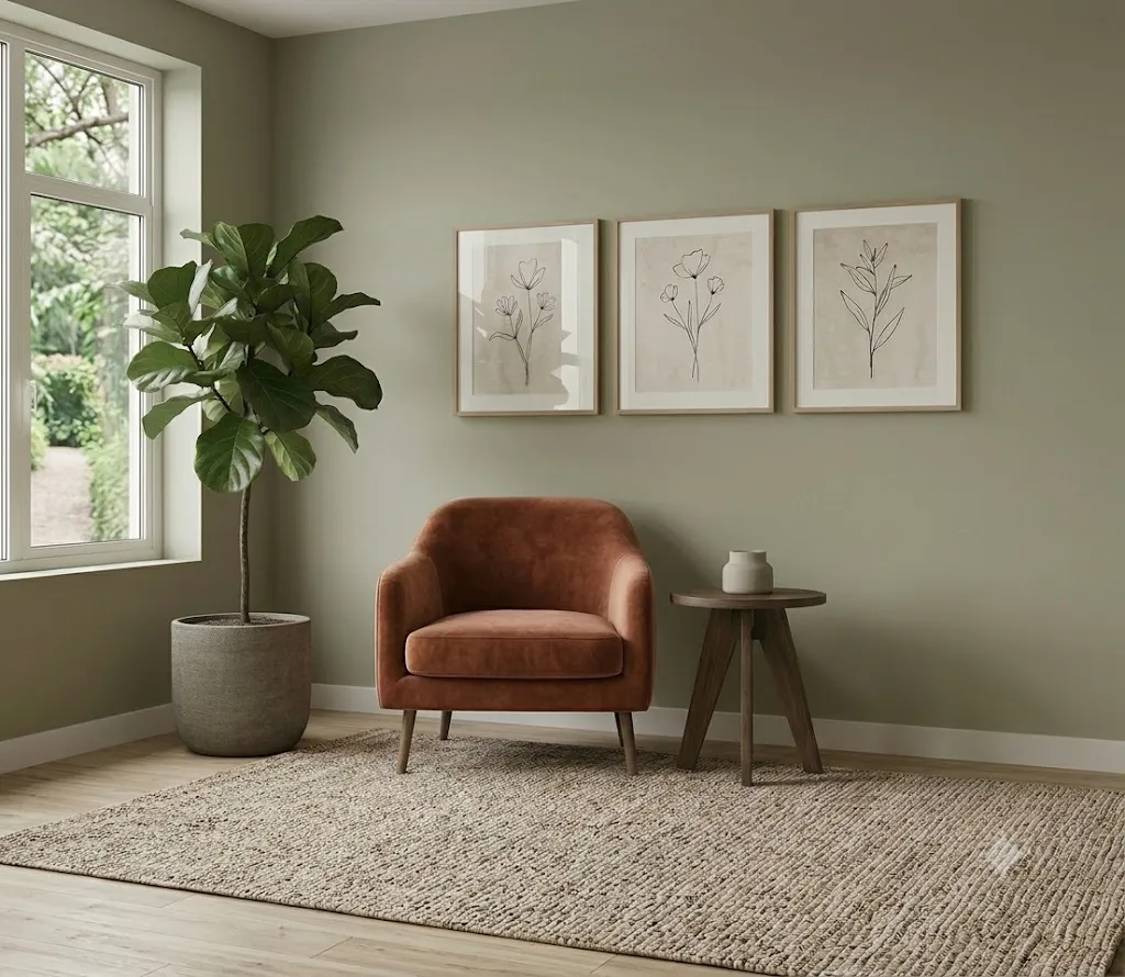 A quiet room with an armchair, plant and framed botanical prints